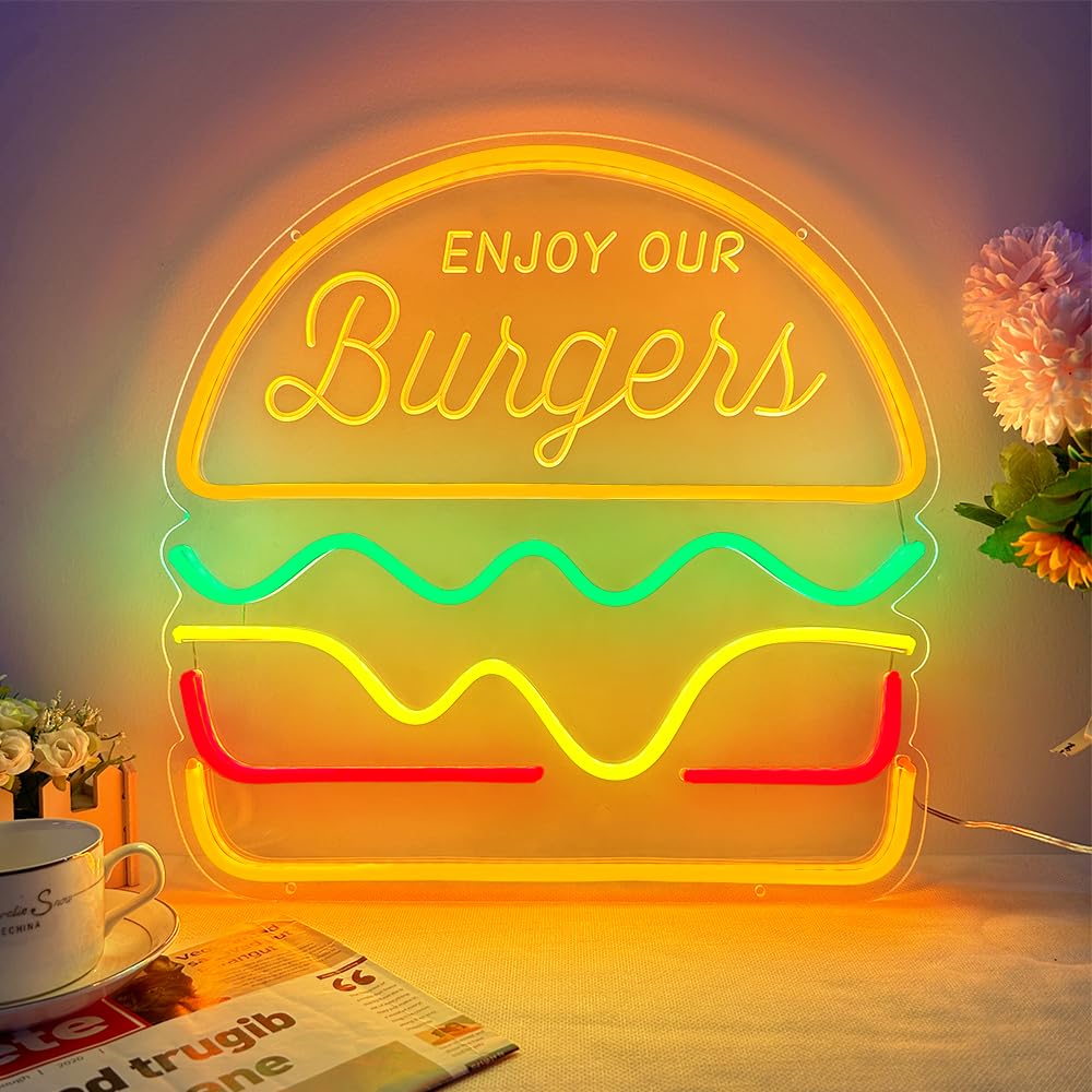 BDUN Hamburger Neon Sign with Dimmer Switch for Restaurant, Shop, Bar, Pub, Burger Neon Lights for Home, Room, Cute LED Neon Open Sign for Wall Decor, Gifts, Colorful