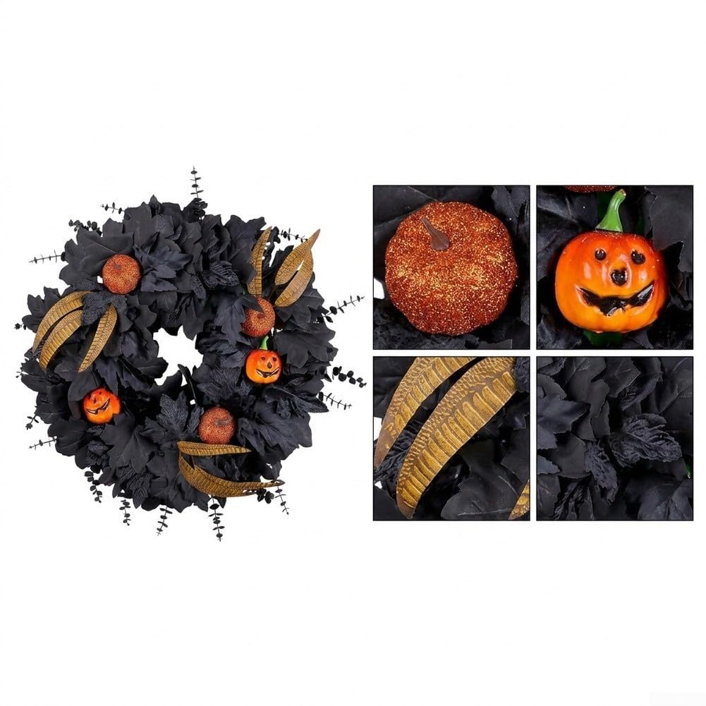 Dekoracja na drzwi Halloween 50 cm czarne realistyczne liście dynia
