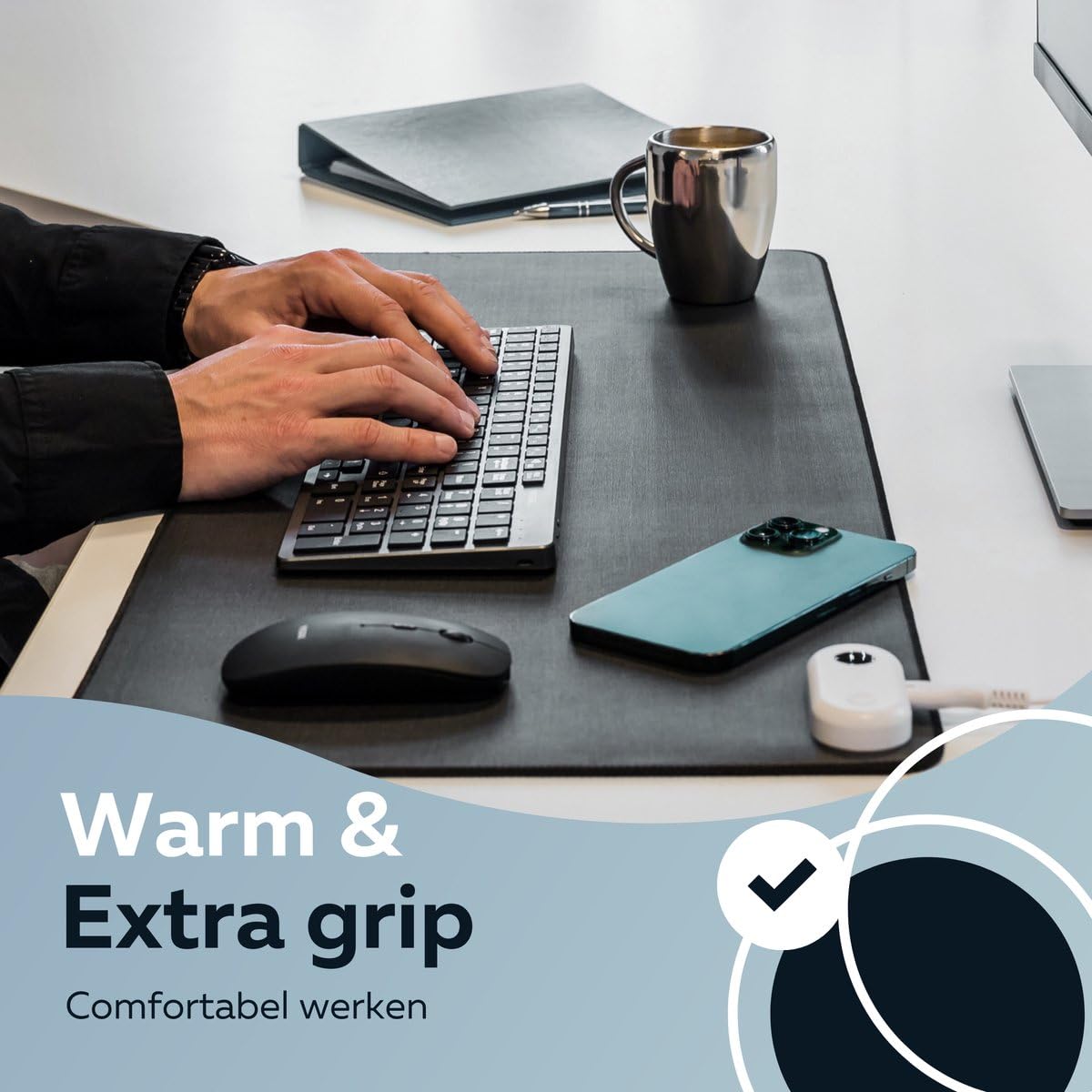 WURK Beheizte Schreibtischunterlage [80 cm x 33 cm] - Mousepad XXL - Mousepad - Multifunktionale Große Schreibtischunterlage - Schreibtischmatte [Schwarz Beheizt]