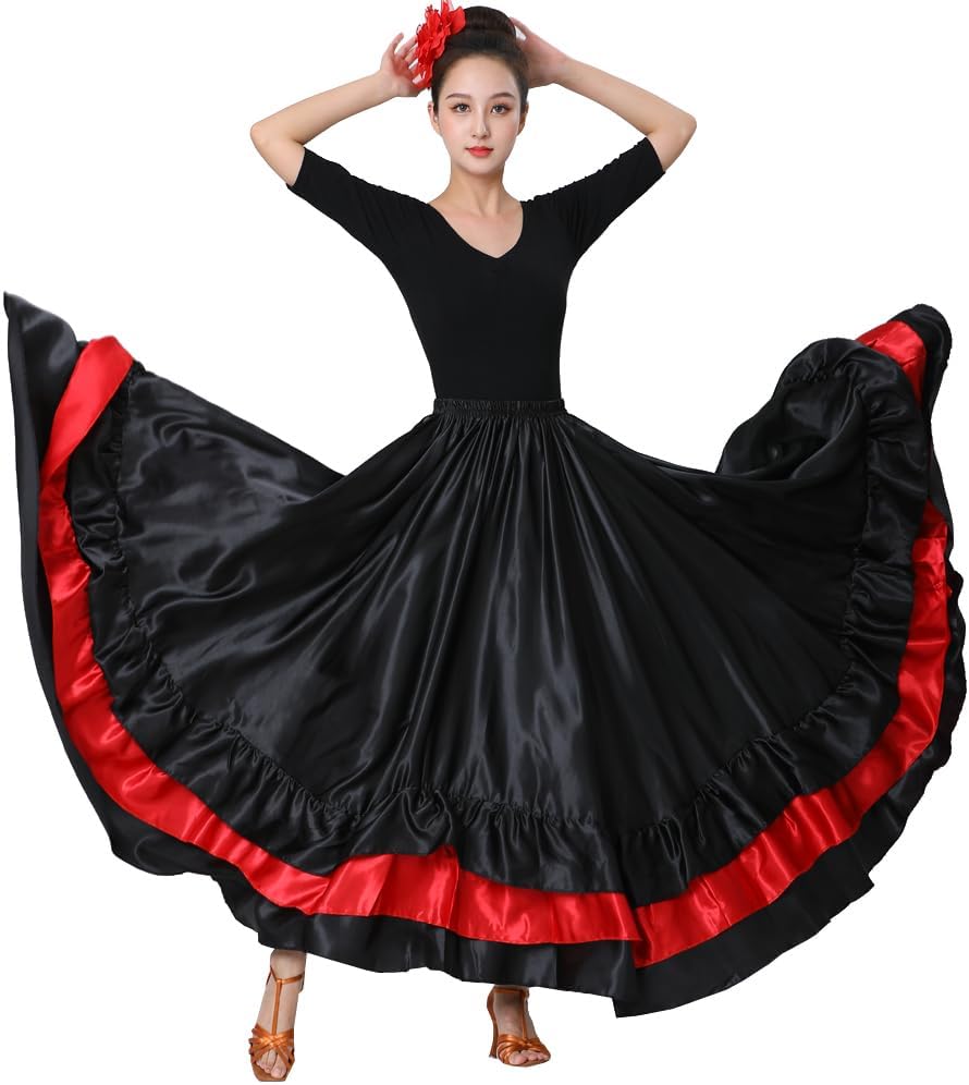 SANCAN Womens Ruffle Full Long Spanish Flamenco Dance Skirt | Bull Folkloric, Mexican, Bomba y Plena, Flowy Dancing Dress Costume Cosplay