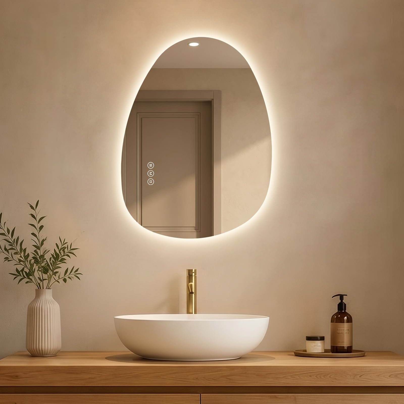 S'AFIELINA Espejo Baño con Luz LED Asimétrico e Irregular 60x45 cm | Espejos de Baño con LED Retroiluminado, Antivaho, Botón Táctil, Regulable, 3 Tonos de Luz, Montaje Horizontal o Vertical