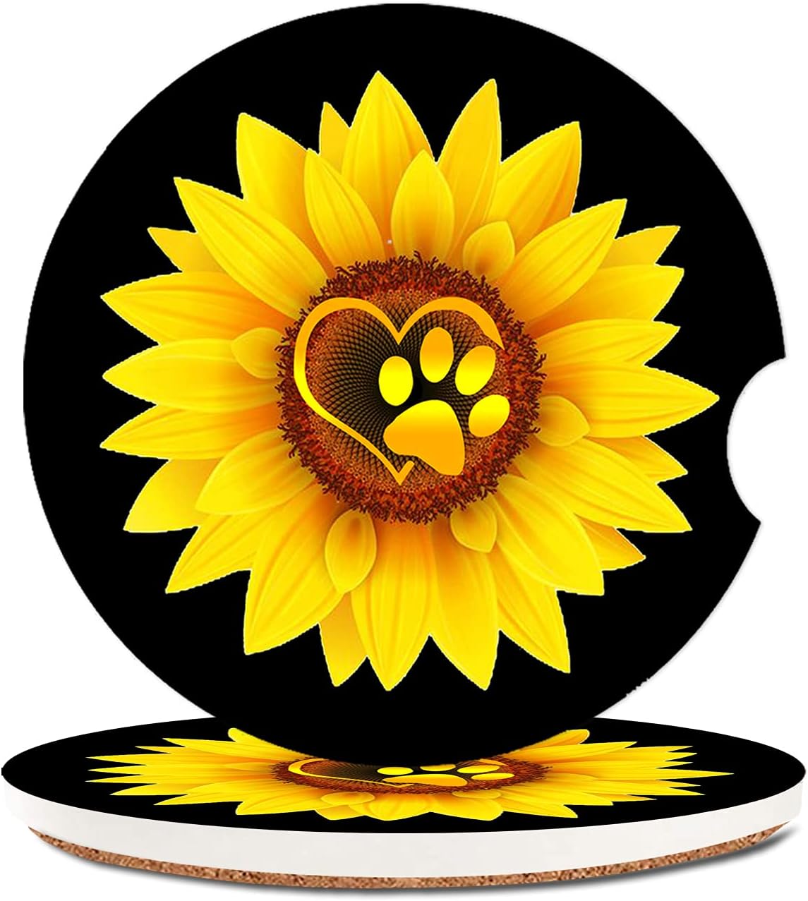 Ceramic Cup Holders Car Coasters for Women/Men,Cute Love Pattern Absorbent Drink Cup Car Holder Coasters with A Finger Notch 2.56" Pack of 2,Sunflower Dog Paw