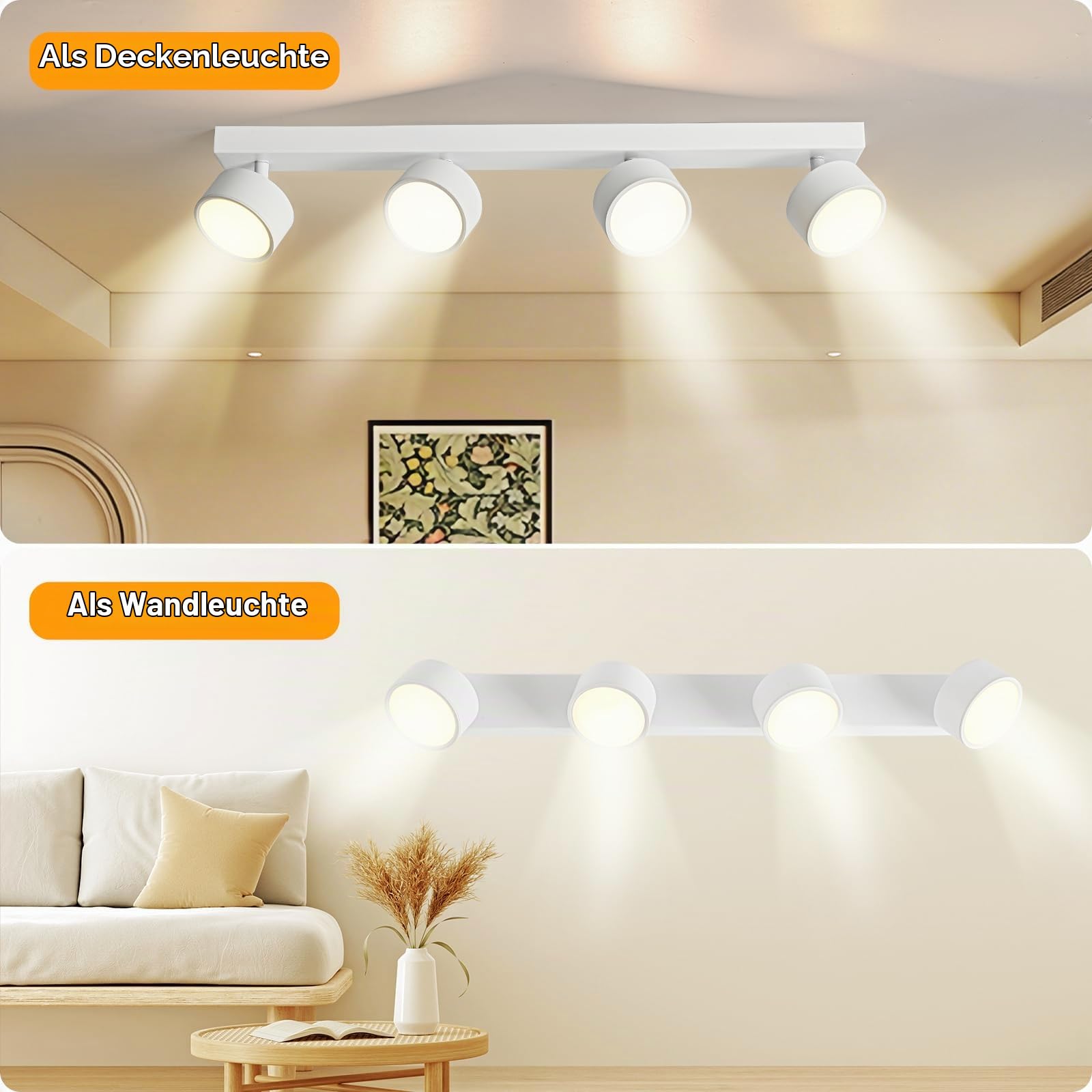 Deckenlampe LED 4 Flammig Deckenleuchte Wohnzimmer - Deckenstrahler Deckenlampe Weiß 24W Warmweiß LED Deckenspot Modern Schwenkbar Lampe Strahler Wandlampe für Flur Schlafzimmer Küche