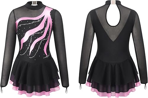 Miniatura 20 de Loyan Vestido de patinaje artístico brillante para niñas y niñas, de malla, de manga larga, patinaje sobre ruedas, competición de baile Rosa