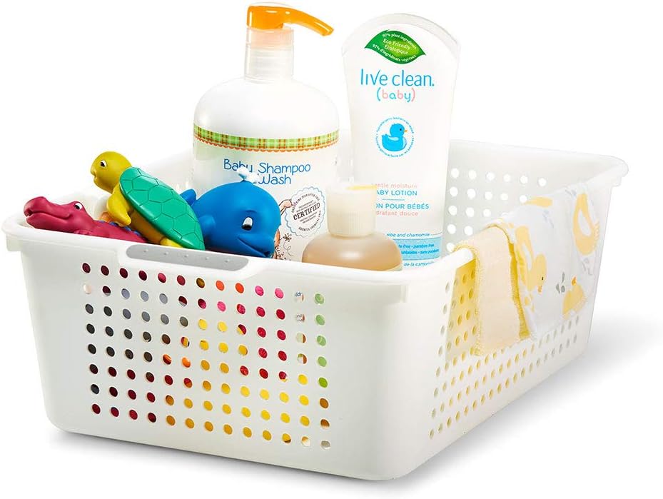 Madesmart Baby Collection Medium Plastic Storage Basket with Handles, Multipurpose Organizer Bin for Baby Products and Home Storage, White