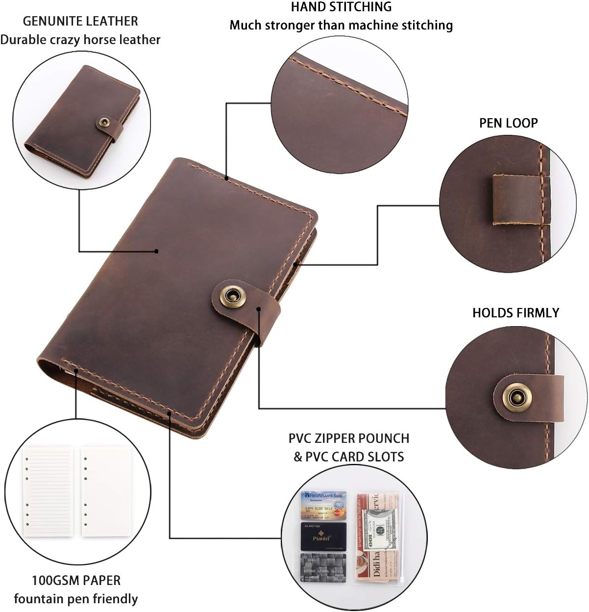 Leather Writing Journal Notebook Refillable, A6 Personal Size Traveler's Notebook with Pockets, 6 Ring Binder Planner Notebook with Pen Holder-BROWN