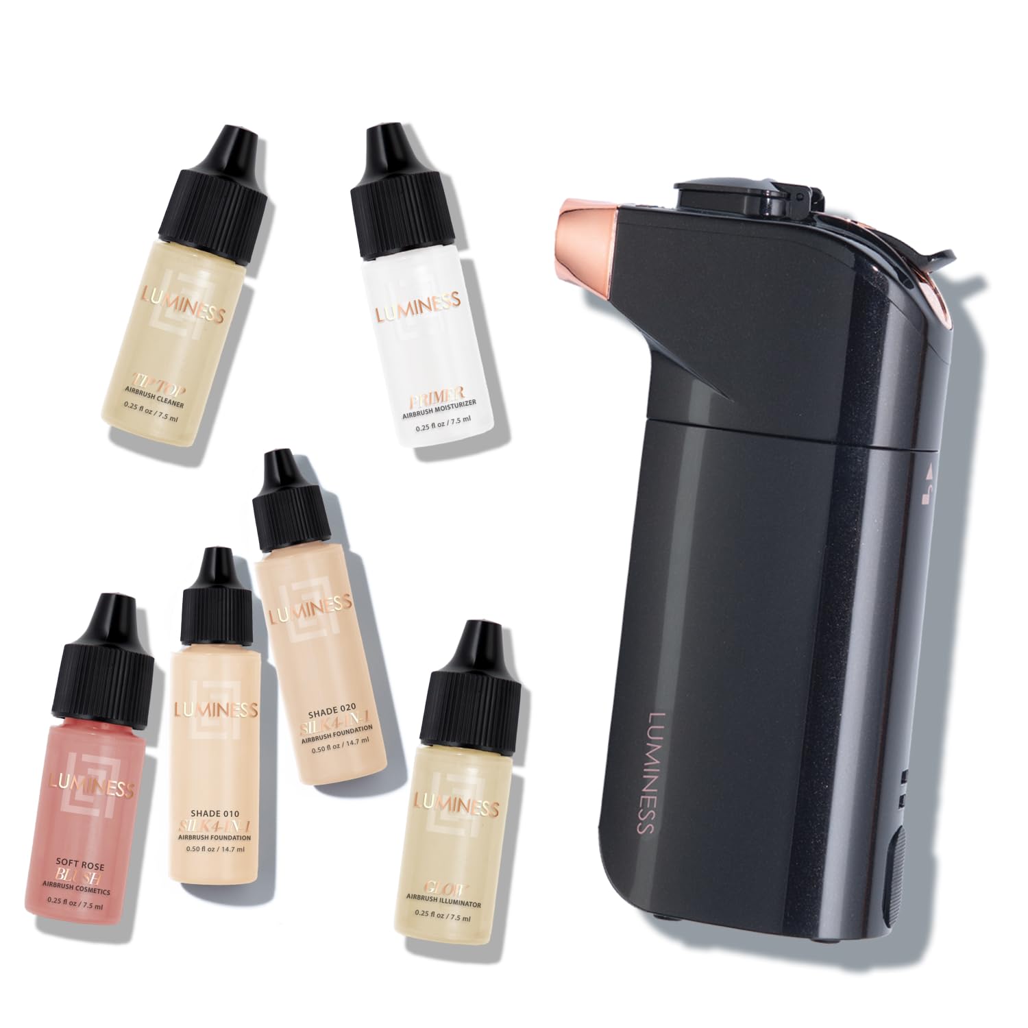 BREEZE DUO Airbrush Makeup System, Fair Coverage – 9-Piece Kit includes 2x Silk Airbrush Foundation, Soft Rose Blush, Glow Highlighter, Moisturizer Primer, and Airbrush Cleaning Solution