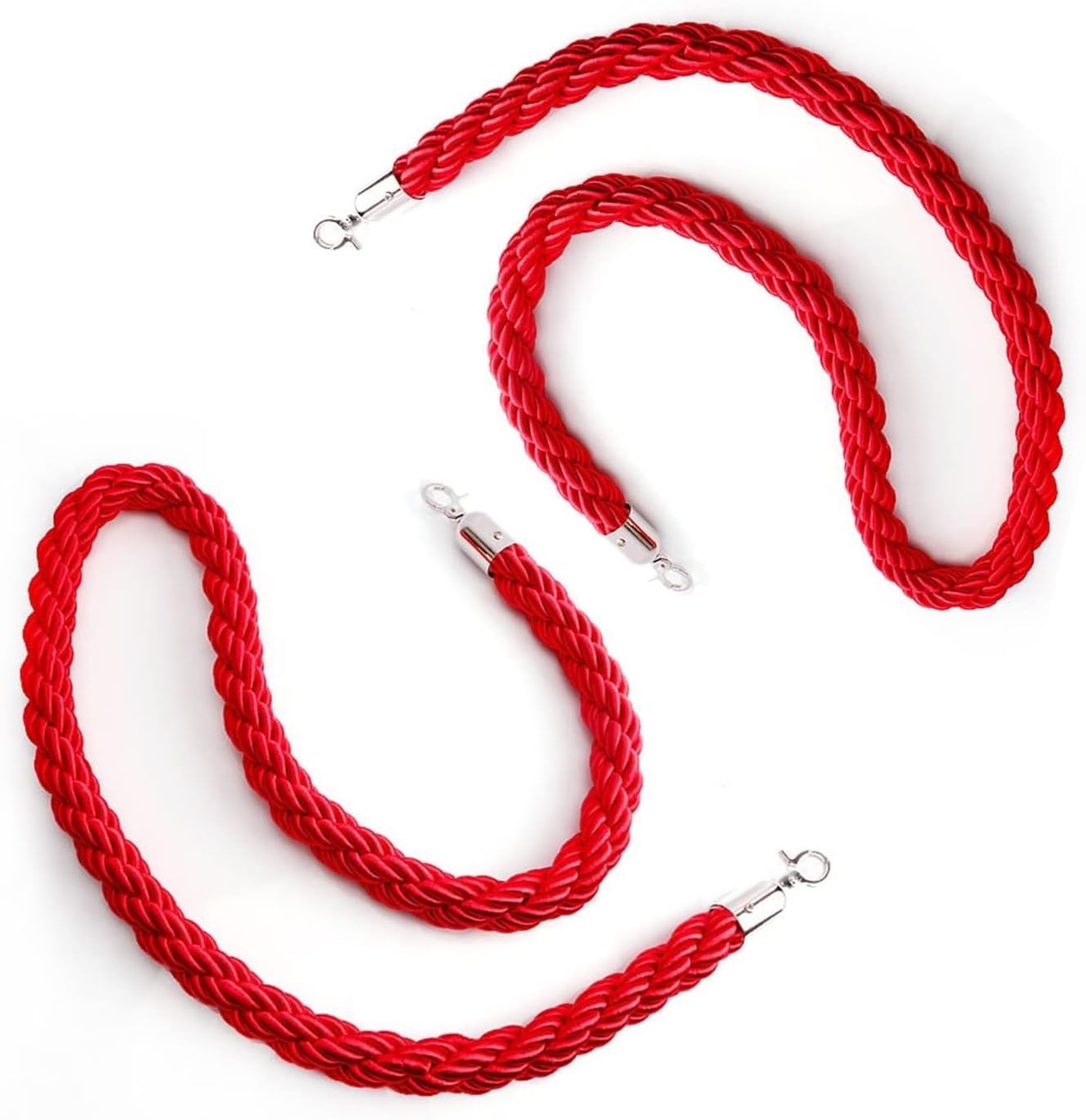 Hanging Rope Twisted Queue Rope Divider Indoor Hanging Barrier Rope with Silver Hook,Red Queue Barrier Rope for Filmroom Wedding Nursery Bank,2Pcs (150cm/5ft)