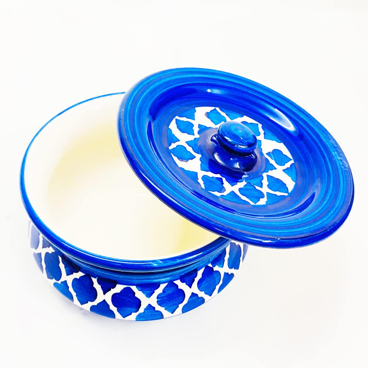 ShadowGreen | Ceramic Serving Dekchi | Serving Bowl with Lid | Dinner/Gravy Bowl | Dark Blue Design | (Medium (750ml))