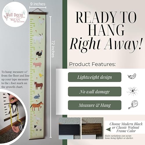Miniatura 3 de Tabla de crecimiento de lienzo de animales de granja para decoración de pared de guardería, listo para colgar, regla de altura de los niños, letrero