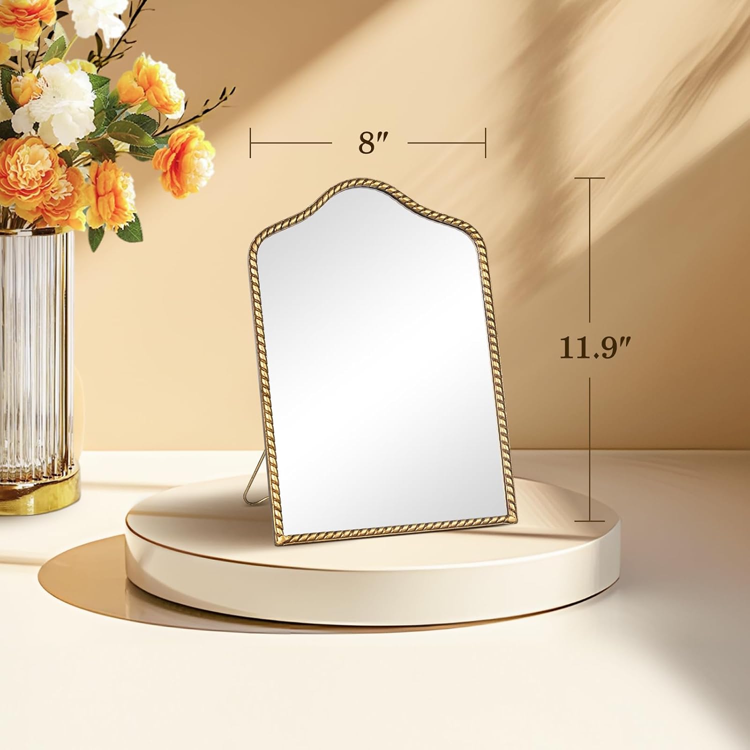 Vintage Desk Makeup Mirror, 11.9" L x 8" W Antique Gold Vanity Table Mirror, Metal Framed Scalloped Small Standing Mirrors with Beaded, 360 Adjustable Rotation for Tabletop, Bedroom