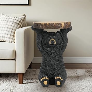 JIJIWANG Black Bear 3-in-1 Pedestal Side Table/End Table/Stool - MGO Hand Painted Sculpture Statue,No Assembly Required for Home,Living Room & Outdoor Decor Black, 14.5" L x 13.5" W x 22" H