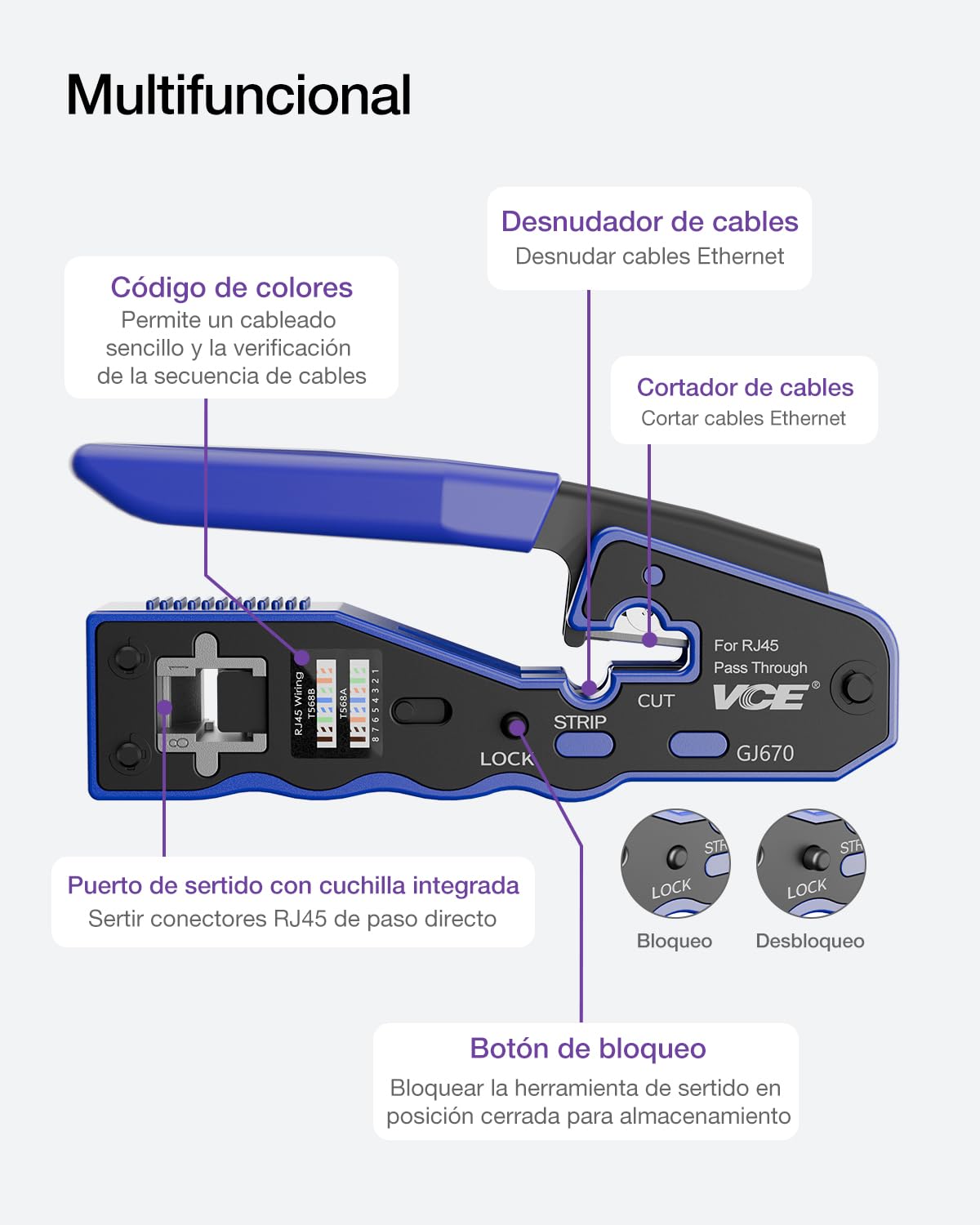 VCE Crimpadora RJ45 Cat7/Cat6A/Cat6/Cat5E GJ670BL Herramienta de Crimpado Universal Corte y Desforre