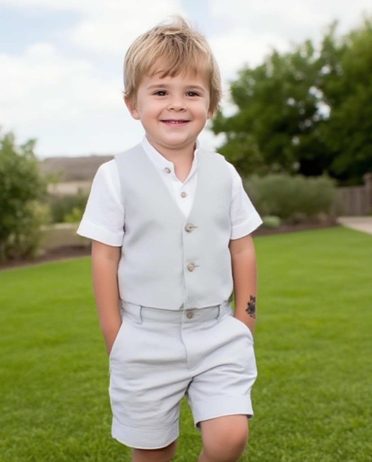 Traje de lino para niños, 2 piezas, traje de esmoquin casual de verano, ajustado, para boda, graduación, chaleco y pantalones cortos