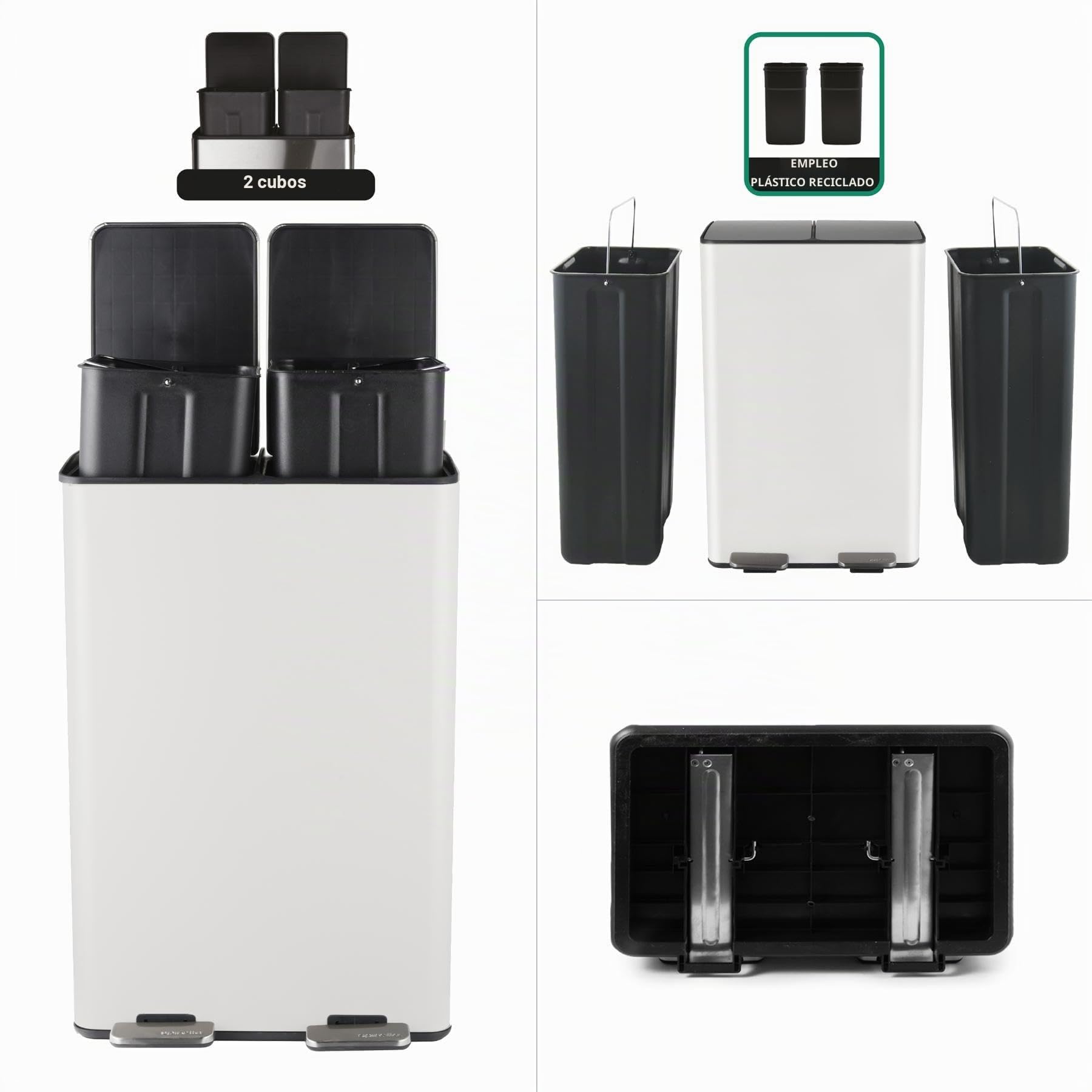 Spirella - Contenedor de reciclaje de cocina con pedal de 60 l (2 x 30 l) - Modelo Aliya - Acero inoxidable cepillado - Tapa de cierre suave - Cubos extraíbles - Asas laterales - Blanco mate