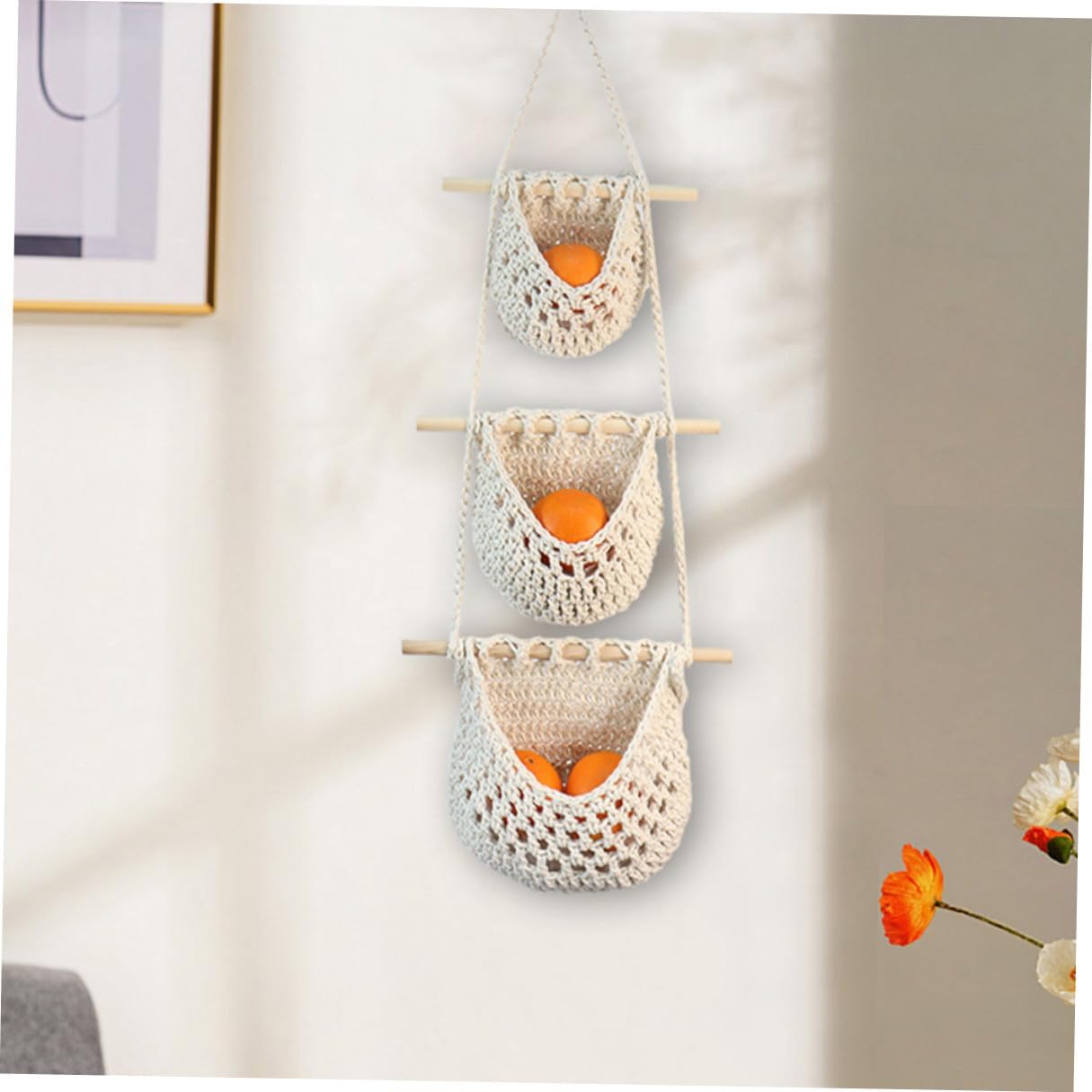 Luxshiny Hanging Fruit Organizer Basket with Woven Cotton Rope Large Capacity Kitchen Vegetable Storage Space-saving Wall Hanging Basket for Fruit Classification and Decorative Kitchen Use