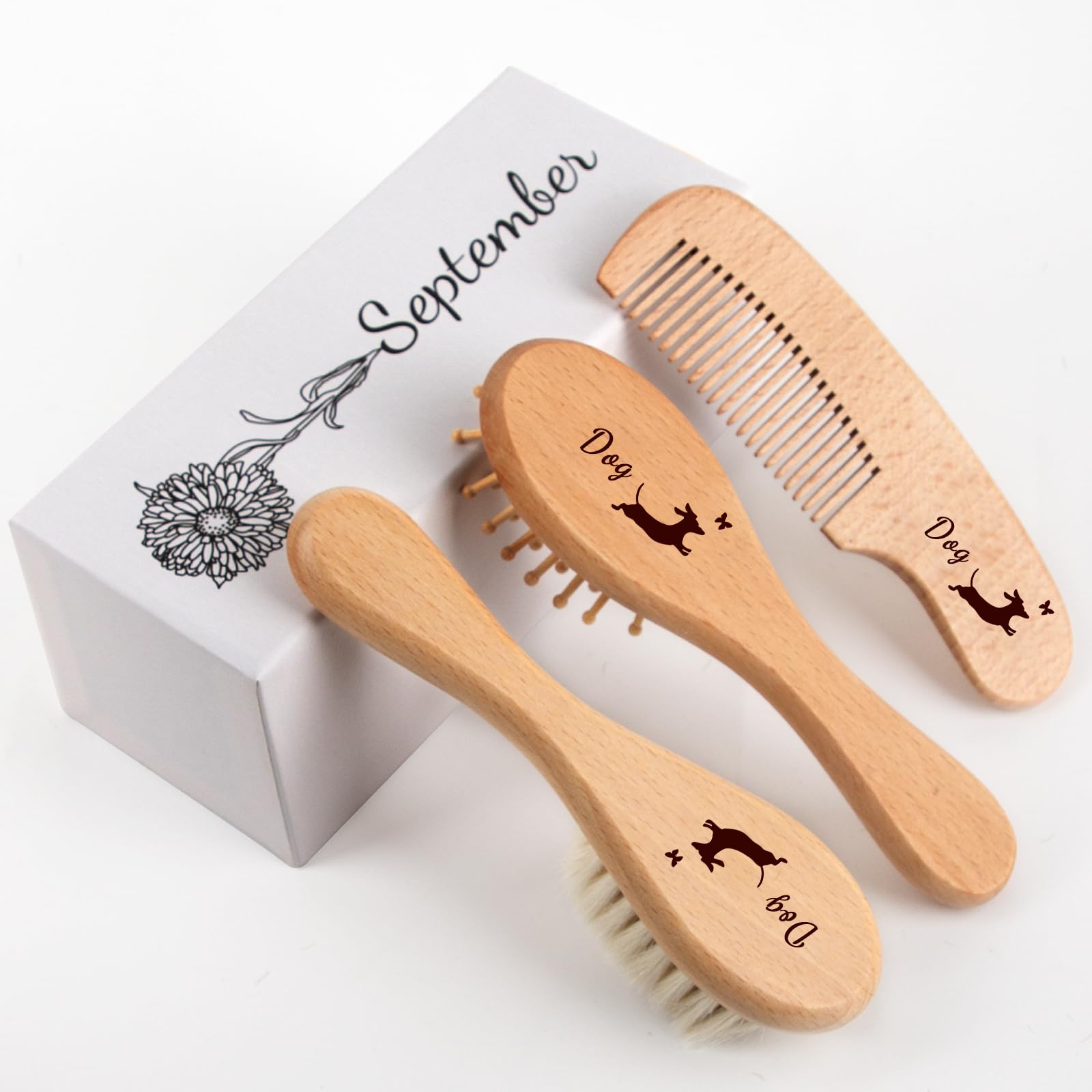 Personalized Baby Hair Brush & Comb Set with Soft Goat Bristles,Custom Laser Engraved Name,Newborn Grooming Kit with Birth Flower Gift Box (September)