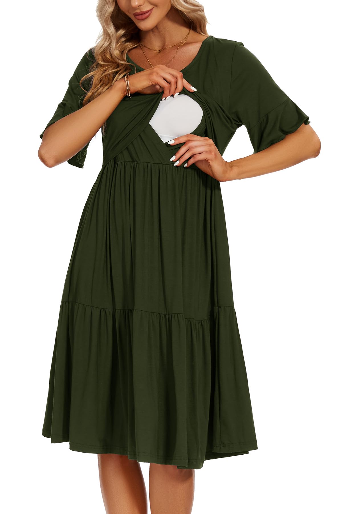 Smallshow Women's Maternity Nursing Dress Ruffle Short Sleeve