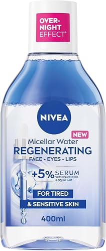 NIVEA Regenerating Serum-Infused Micellar Cleansing Water, for Face, Eyes and Lips, 5% Serum with Panthenol and Amino Acid Complex for Tired and Sensitive Skin, Removes up to 100% of Makeup, 400ml