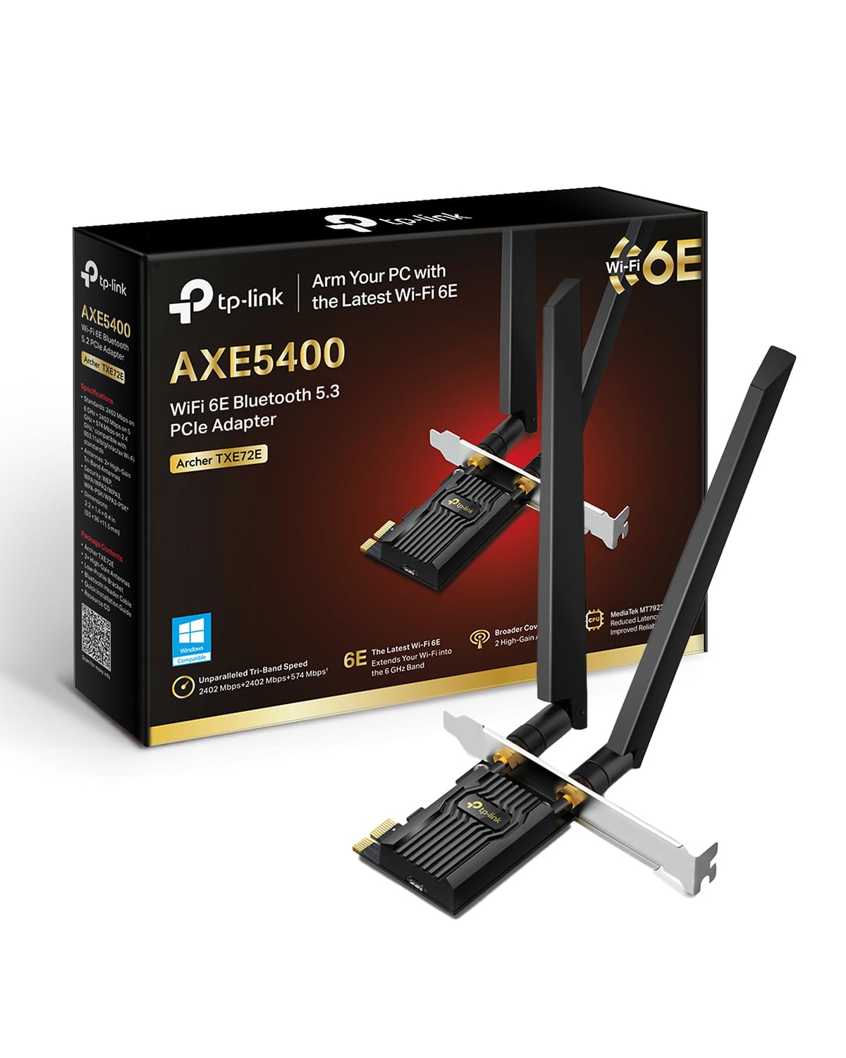 TP-Link Archer TXE72E Carte WiFi 6E PCIe AXE5400 pour PC, Tri-Bande 6 GHz 5 GHz 2.4 GHz, Bluetooth 5.3, Antennes Haut Gain, WPA3, Compatible Windows 10/11
