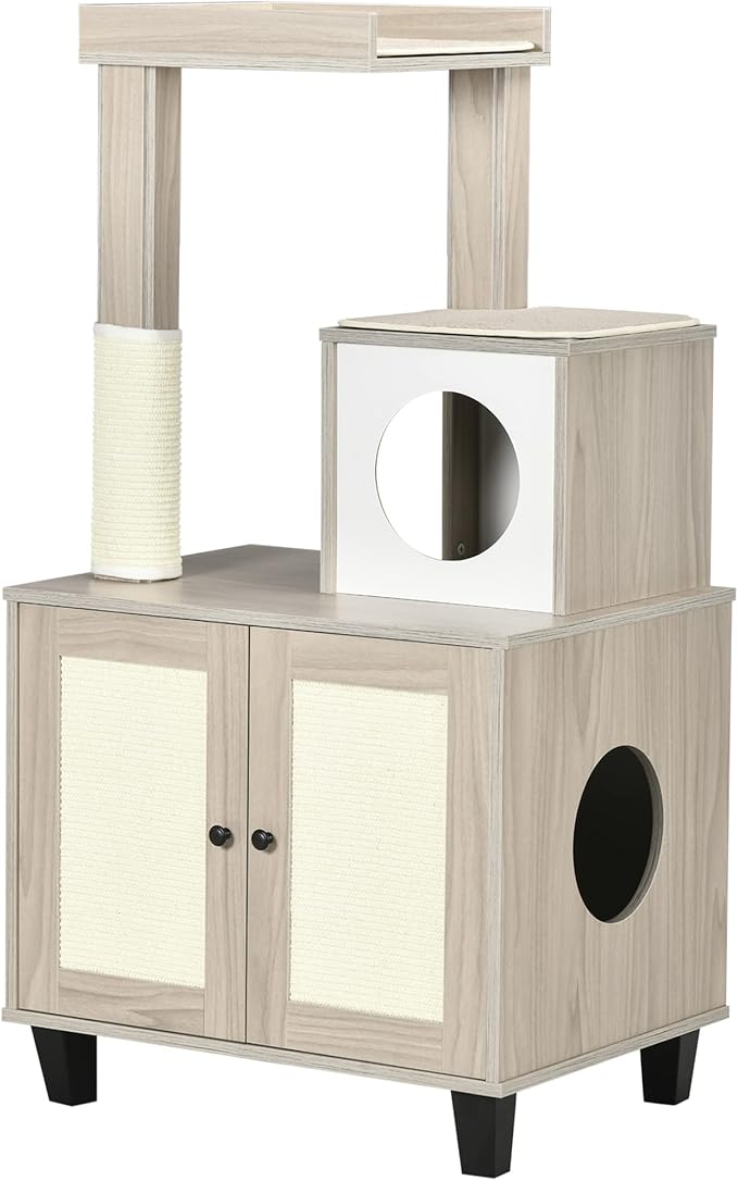 PawHut Cat Litter Box Enclosure with Condo, Modern Cat Tree