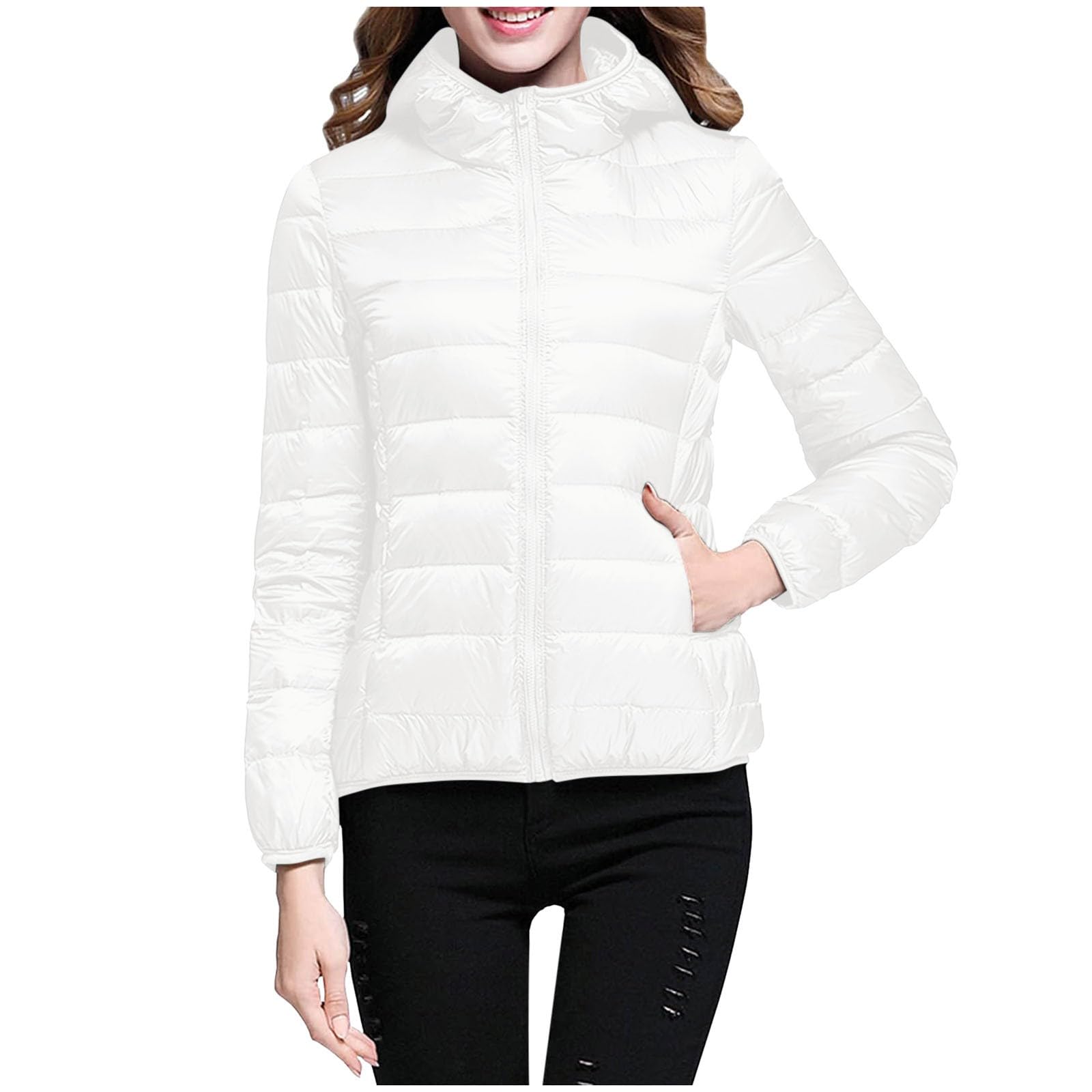 Chaqueta Mujer Abrigo Entretiempo Invierno Cazadora Plumiferos，Abrigo mujer invierno con capucha ligero aislamiento reciclado plumón corto delgado chaqueta acolchada