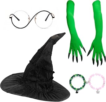 Halloween Witch Costume Witch Hat Glasses Green Gloves Bracelets 4 Pcs Role-playing Party Cosplay Accessories Set
