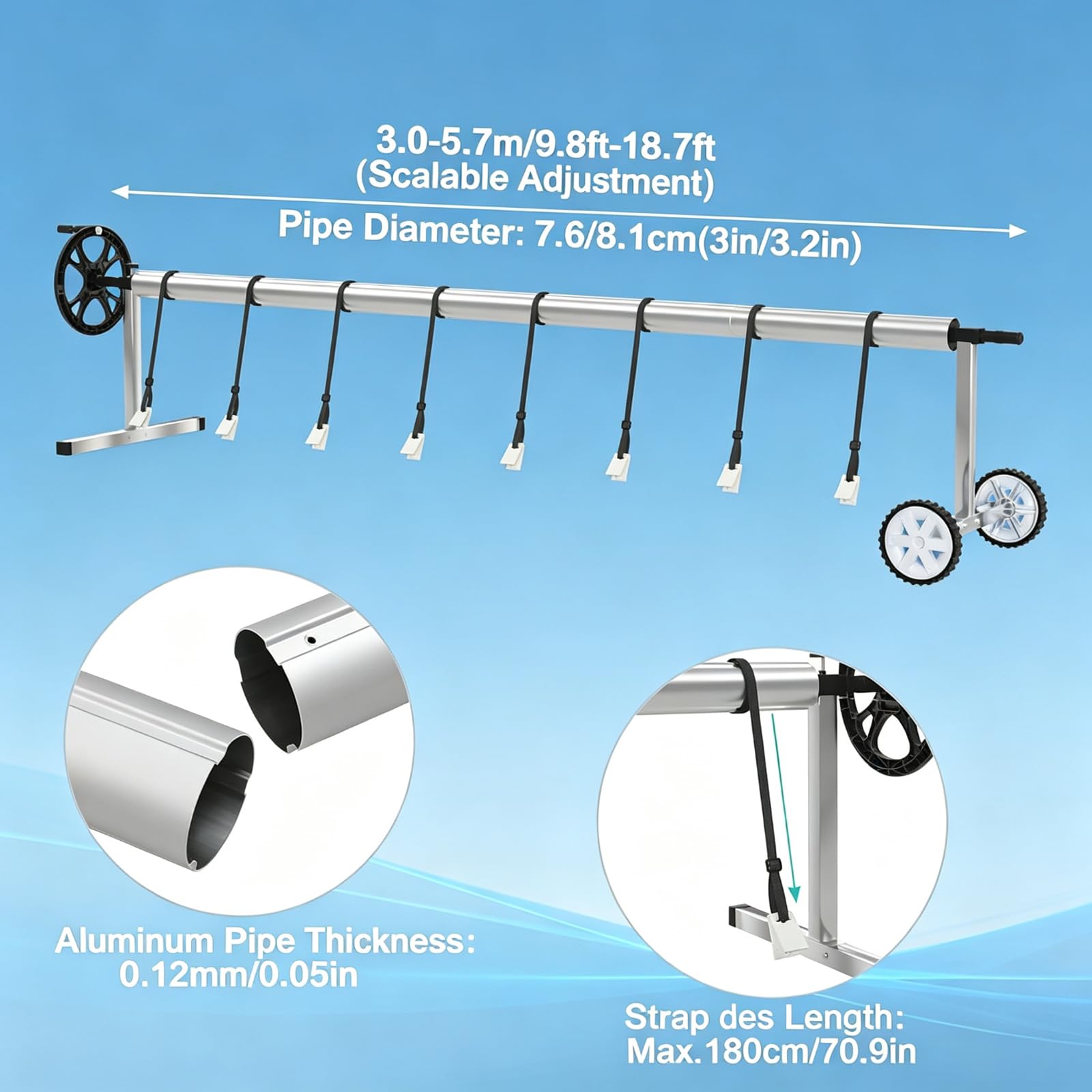 Pool Aufroller 3 m - 5,7 m Verstellbar, Aufrollsystem für Poolplane aus Aluminium Edelstahl mit Handkurbel & Rädern, Aufrollvorrichtung für Solarplanen & Abdeckungen & Poolüberdachung