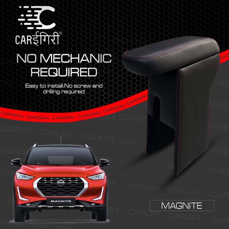 Image of Carigiri Premium Finish Car Armrest with Storage Box And High Density Moulded Foam For Nissan Magnite (Models-2020-2025) (Red Seam,Nappa Leatherette)