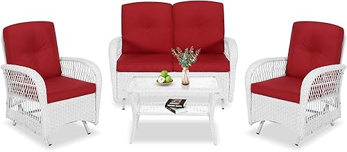 Miniatura 67 de VIVIJASON Silla mecedora de mimbre para exteriores, 2 piezas, sillas mecedoras de ratán para patio con cojines y marco de acero, muebles de mimbre