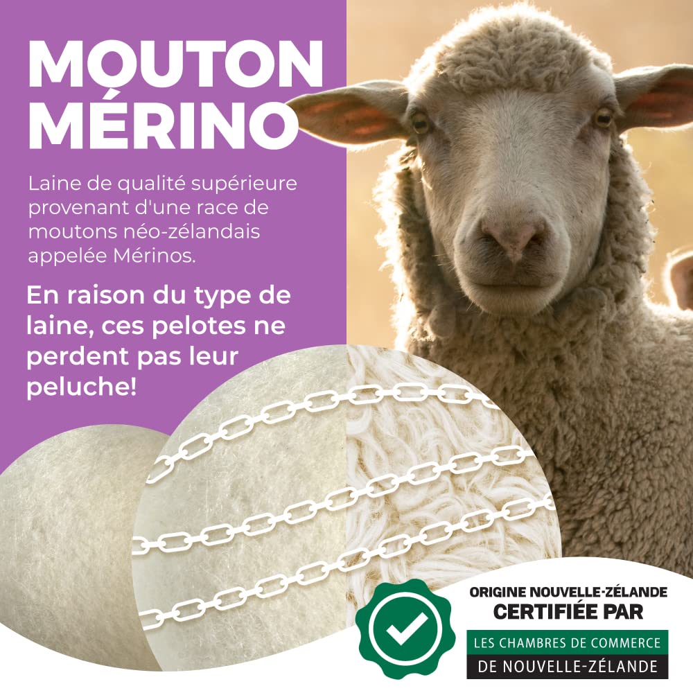Flor De Lis Boule de Laine pour Sèche-Linge Avec Adoucissant à l'Huile de Talc - 6 Pièces, Laine Mérinos de Nouvelle-Zélande, 10ml Parfum Poudre Bébé - Réutilisables jusqu'à 1100 Fois