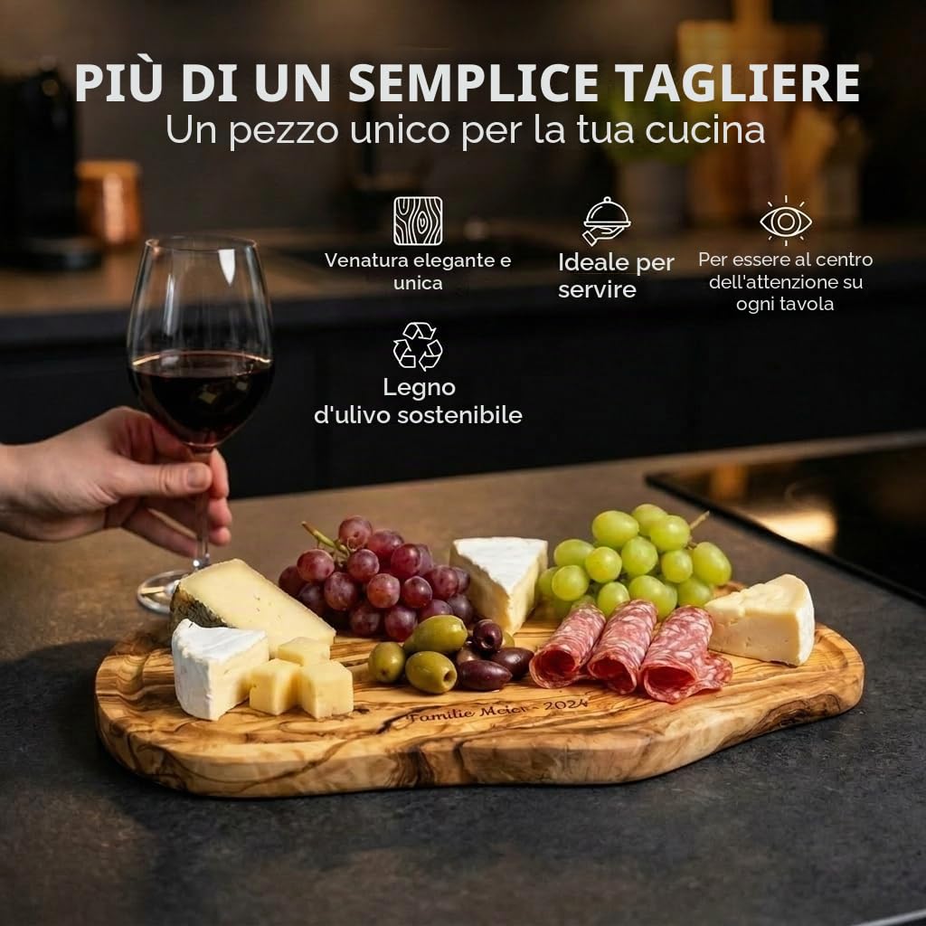 Tagliere personalizzato in legno d'ulivo – Tagliere in legno rustico con incisione e scanalatura circolare (40 – 44 cm)