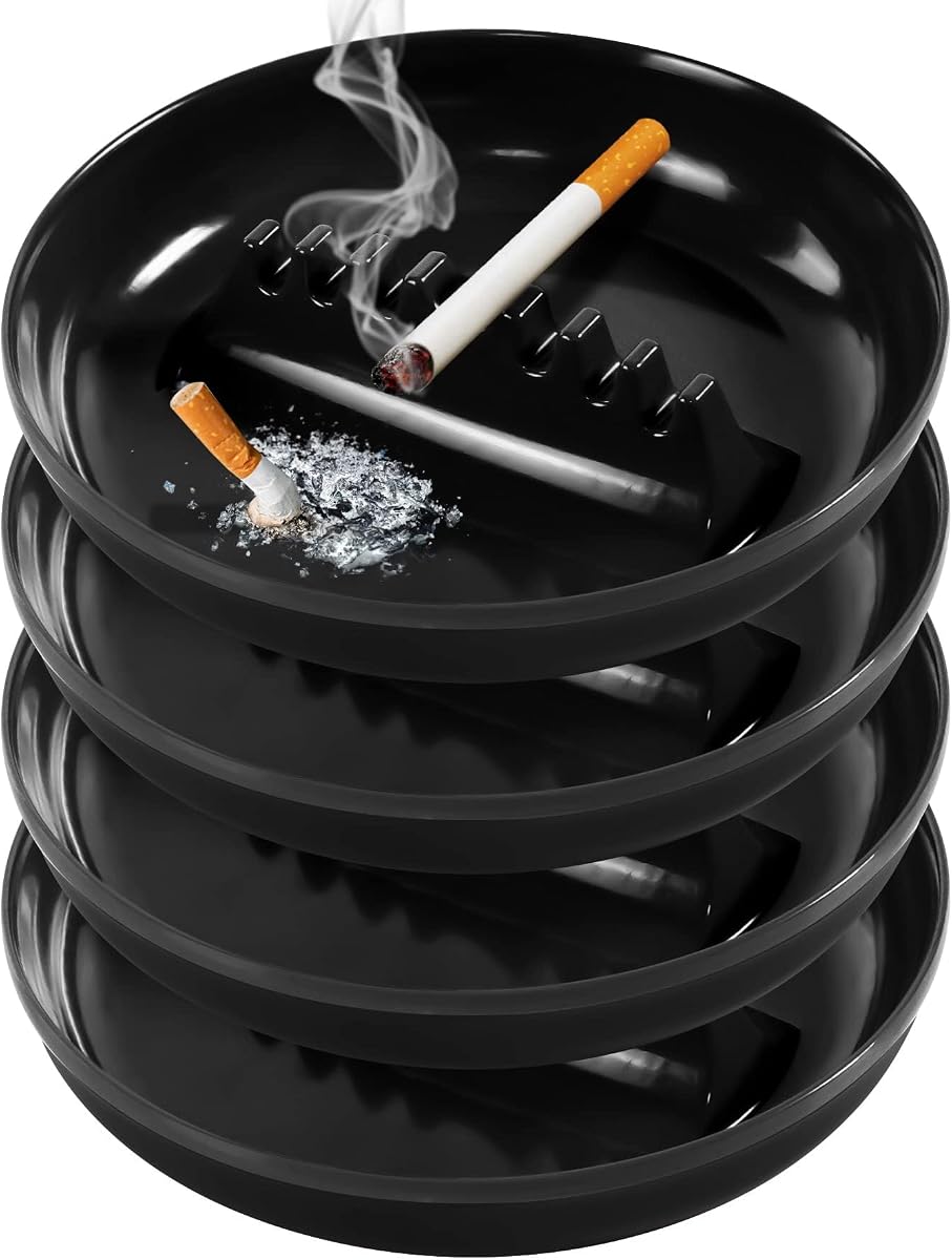 Ceniceros de plástico para cigarrillos y puros, bandeja de ceniza para interiores y exteriores, cenicero de mesa de gran tamaño, decoración para el hogar, oficina, restaurante, patio, bar, paquete de 4 (negro)
