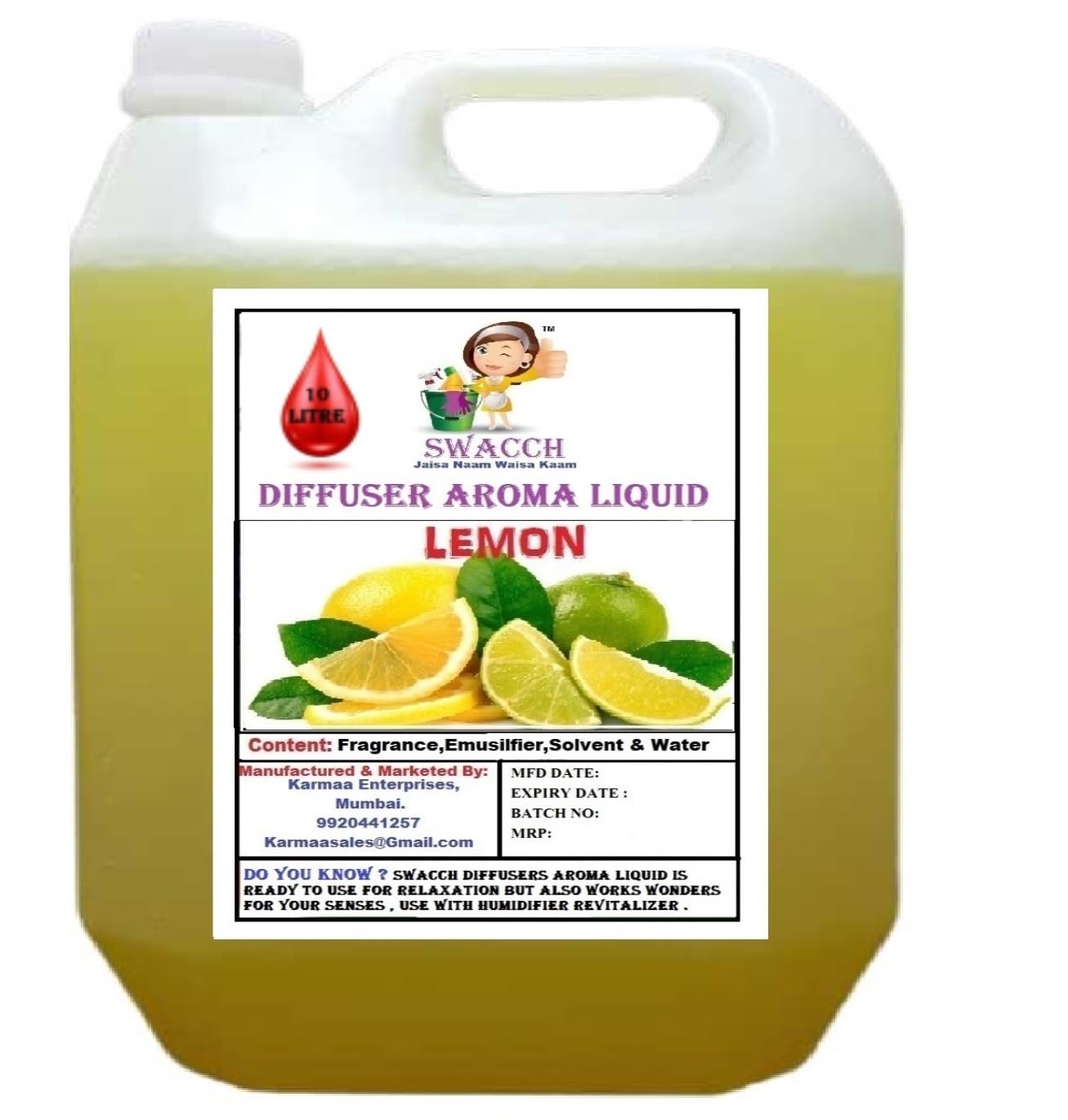 Diffuser Aroma Liquid Lemon Ready to use 10 Litre I Home Fragrance I Best For Aromatherapy I Helps in Meditation I Used In Diffusers I Water Based