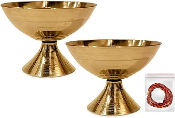 Satvik 2 Pc Set of Brass Handmade Pyali Diya Ornamental Oil Lamp Deepak Payali Deepam Kutthu Vilakku Indian Housewarming Return Gift Item [Energy Class A]