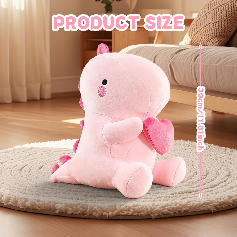 Fouvin Peluche a forma di dinosauro con cuore, 30 cm, simpatico cuscino di peluche Kawaii, dinosauro, regalo per ragazze, bambini, fidanzata, San Valentino (rosa)