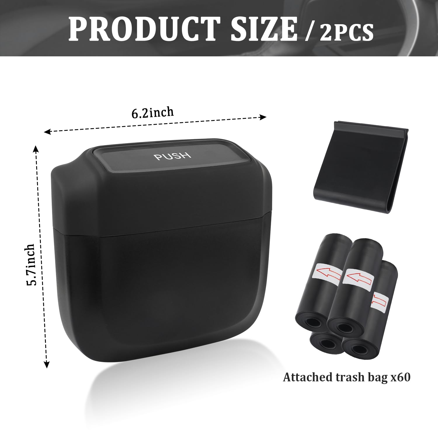 2PCS Car Trash Can with Lid 60PCS Garbage Bags Mini Trash Can Interior Accessories for Door Seat Center — view 2