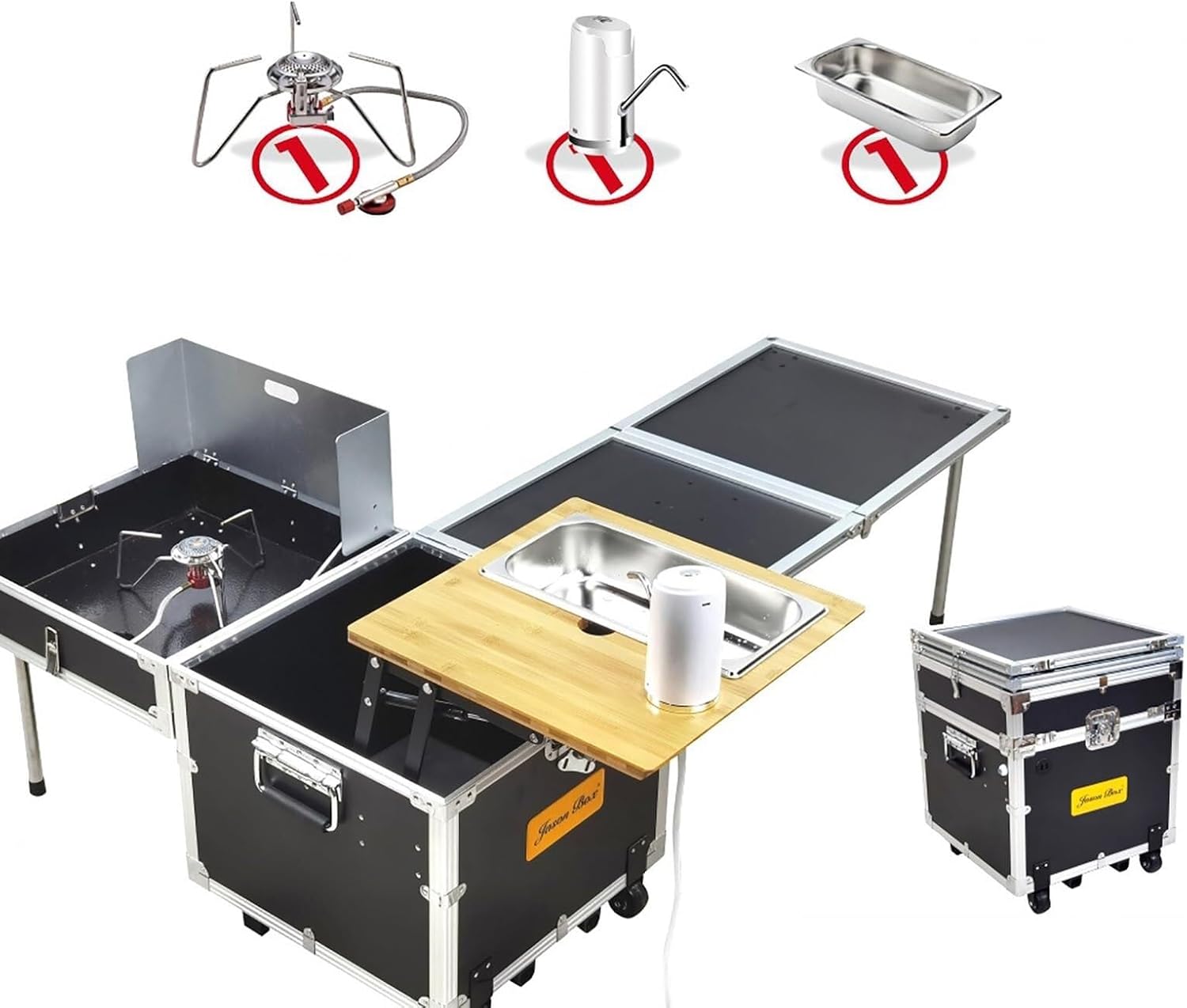 Portable Camping Cooking Set with Sink & Stove, Foldable Kitchen Station with Storage, 40L Storage Box with Casters, Outdoor Mobile Kitchen for Camping, Hiking & Picnics