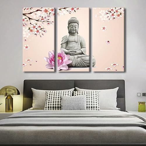 Vista 14 de TUMOVO Wall Art for Living Room Buddha Sculpture Flower Paintings Canvas Wall Art 3 Panel Wall Art Canvas Artwork Wall Decor Large Wall Decor Canvas
