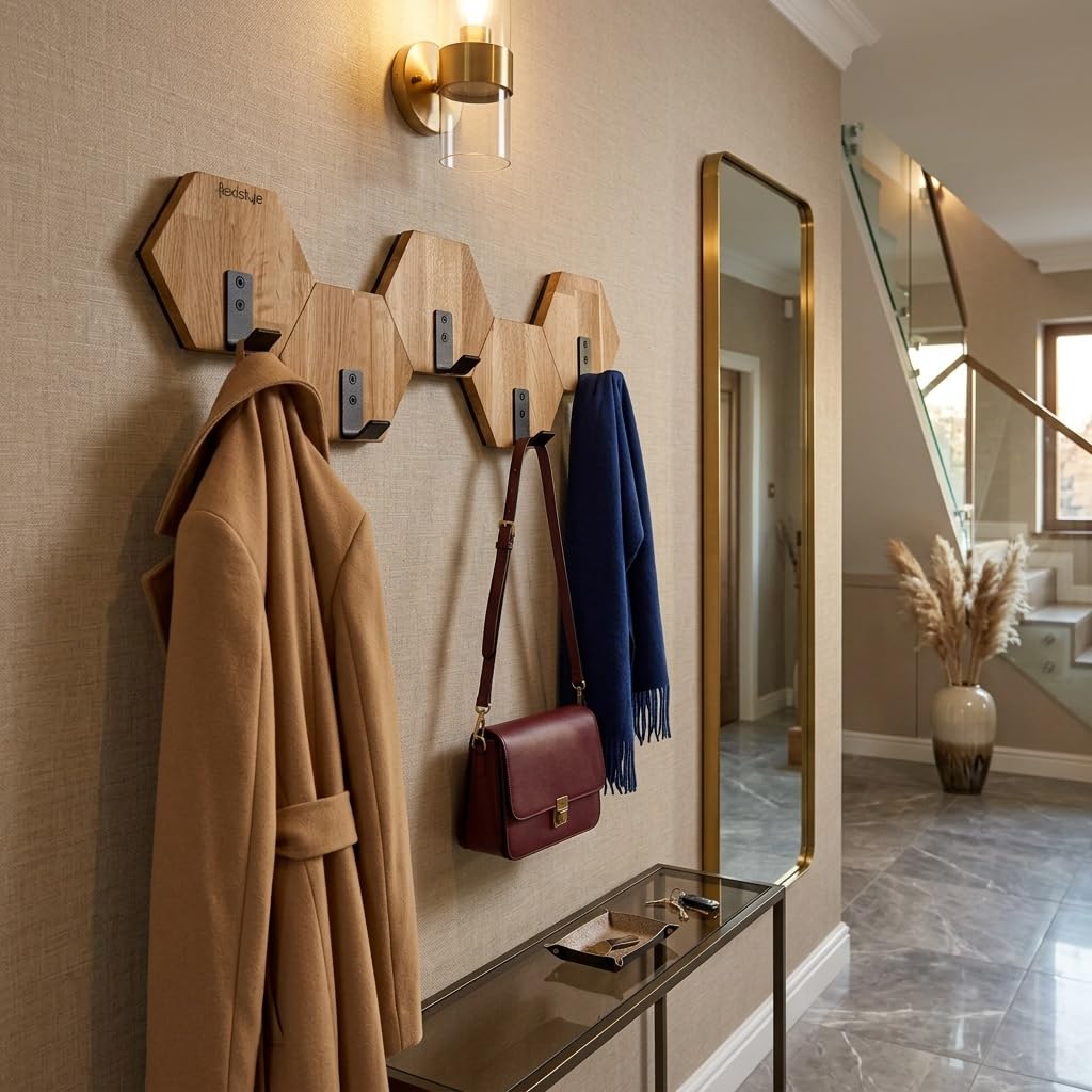 FLEXISTYLE Perchero hexagonal de pared de madera de roble negro, diseño moderno, habitación juvenil, baño natural (roble, 56)