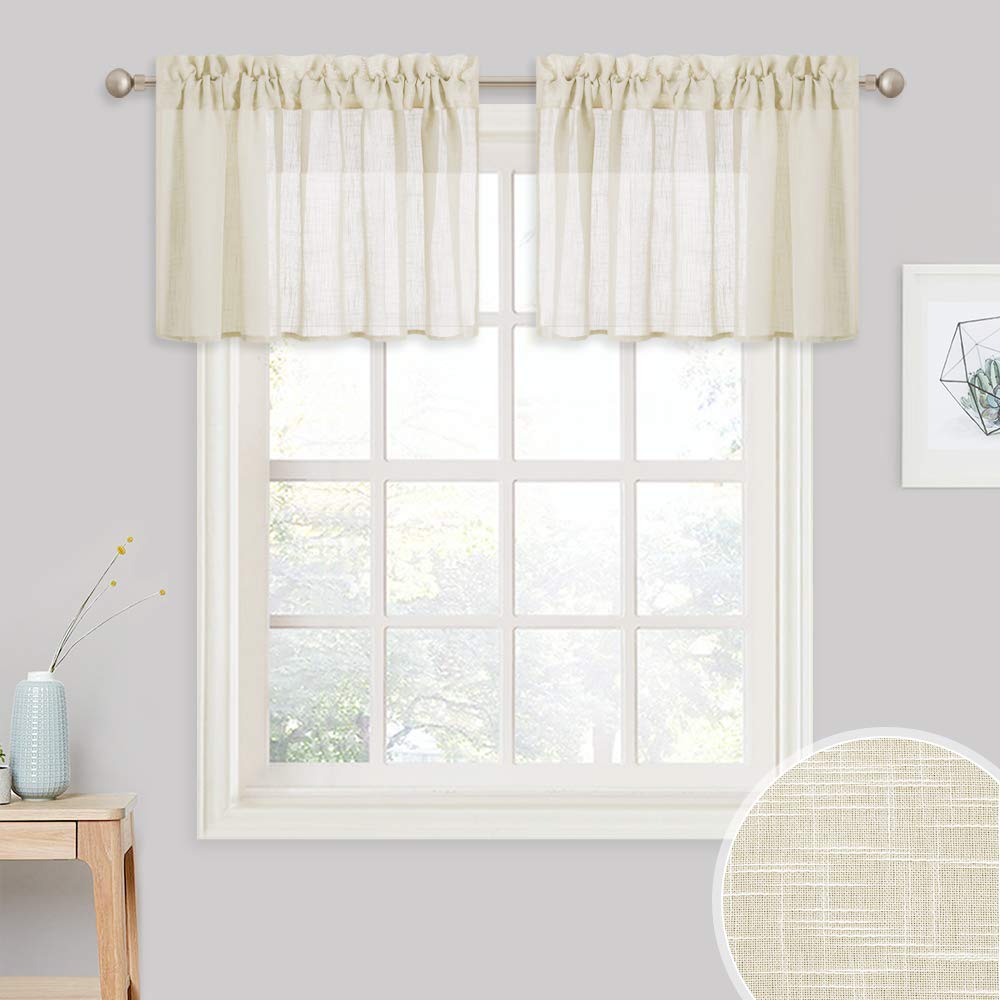NICETOWN Beige Valances for Windows 18" Length - Rod Pocket Faux Linen Semi Sheer Window Treatment Decorative Tier for Kitchen/Bedroom, 52" Wide, 1 Pair