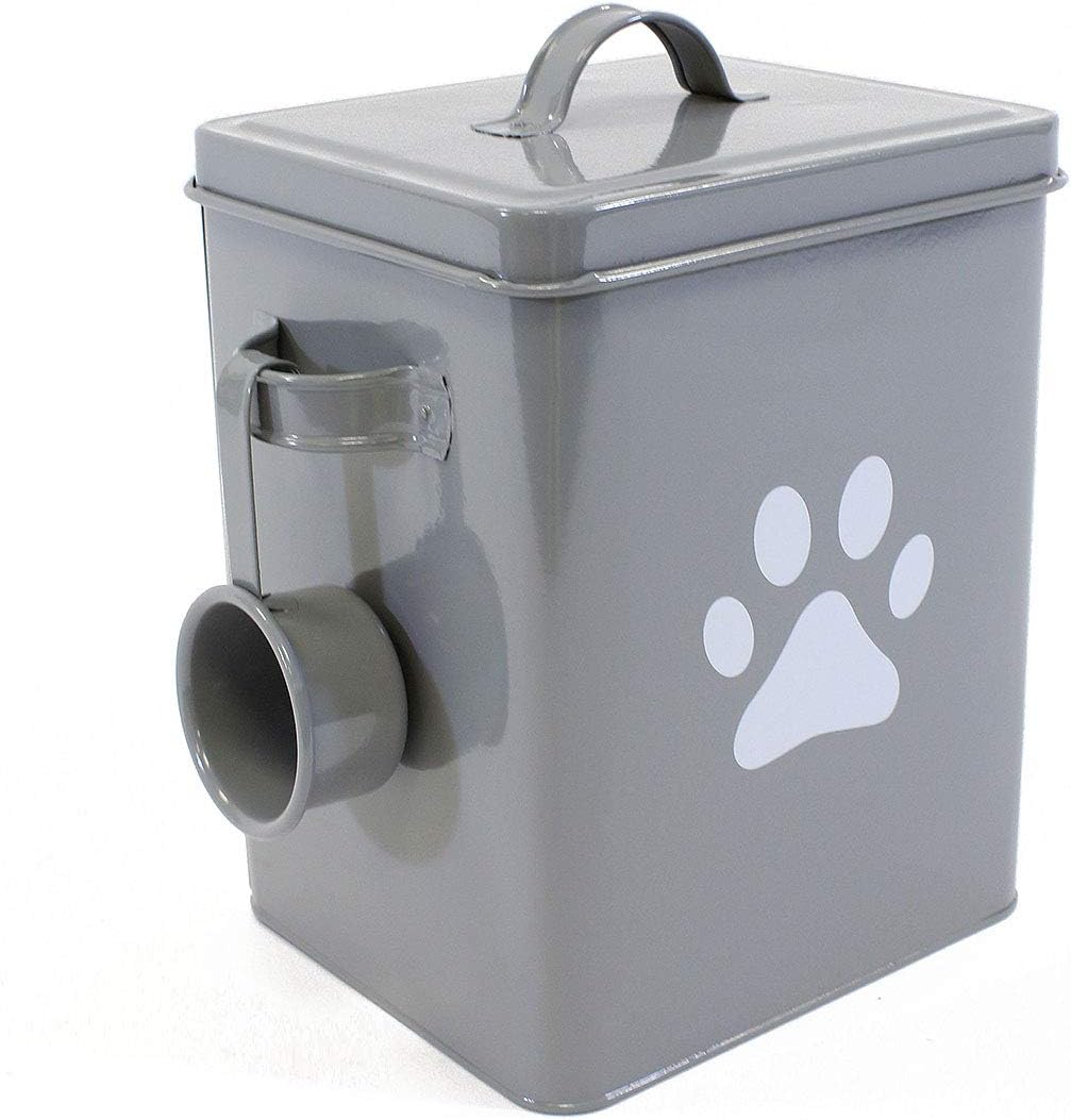 Pet Food/Treat Storage Tin with Lid & Serving Scoop - Classic Grey with White Paw Print - Ideal for Dog & Cat Lovers