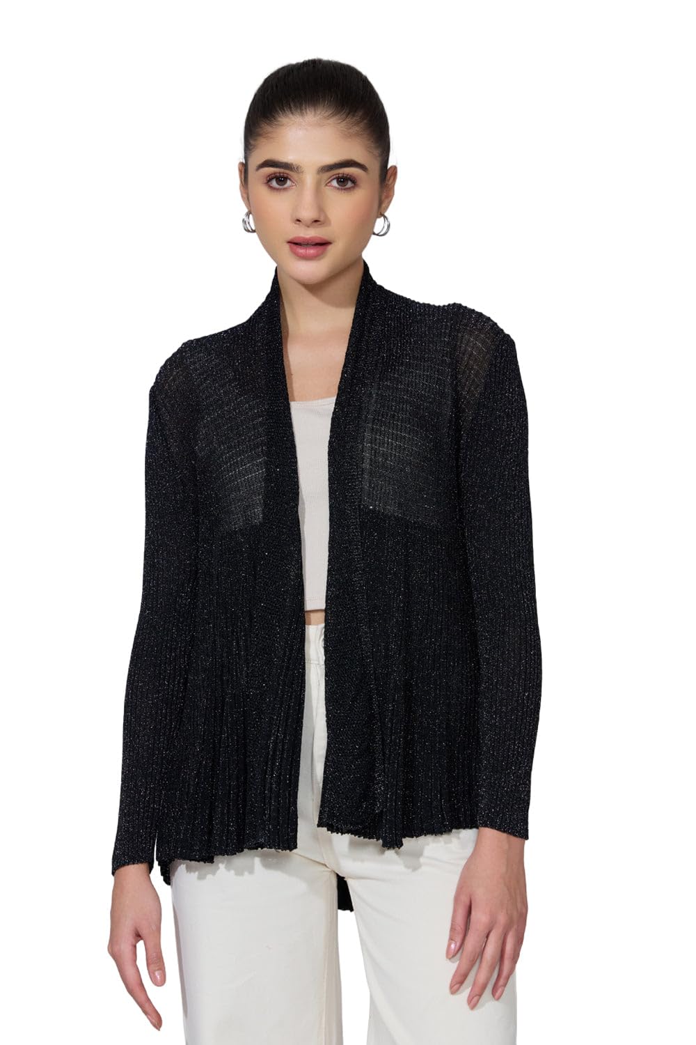 Edition Women's Ribbed Black Open Front Shimmer Shrug-CHN-1560_Black-P-image-36