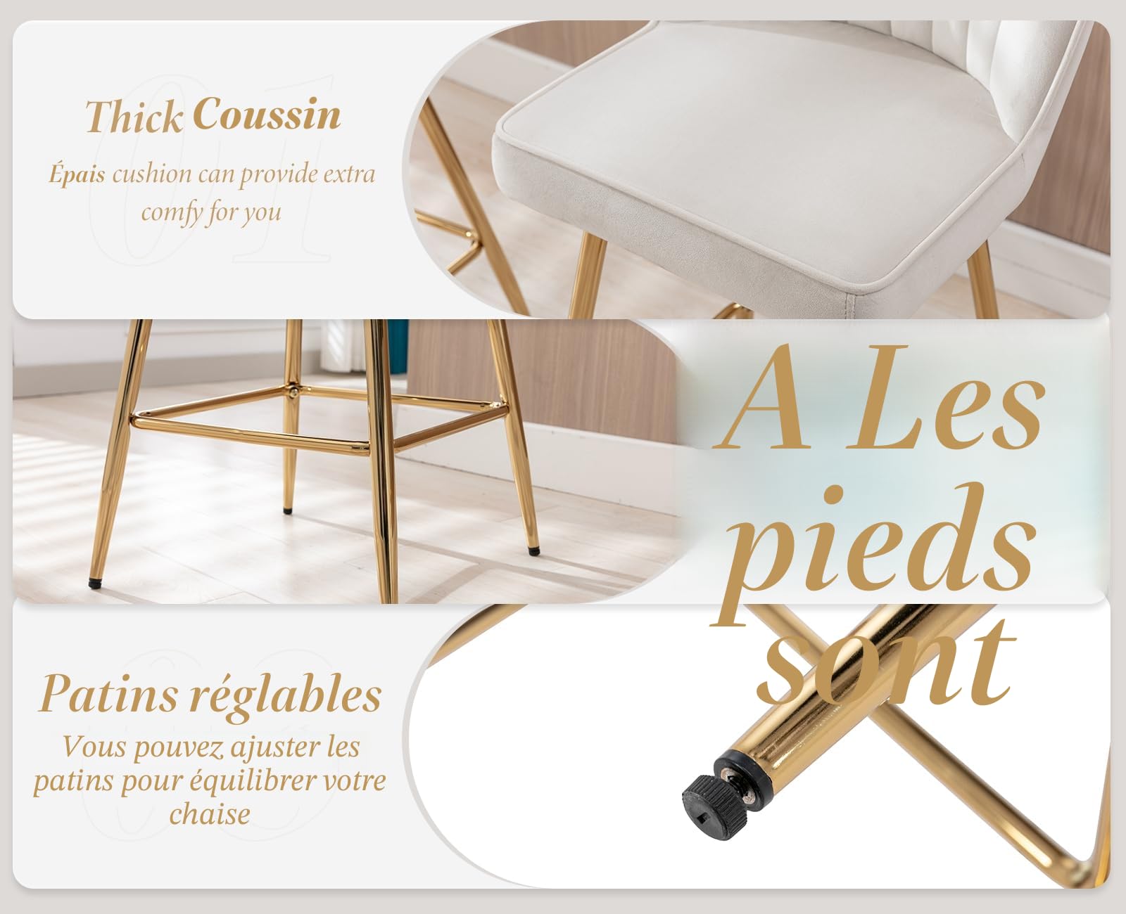 Chairus Tabourets de Bar en Velours - Lot de 2 Chaises de Comptoir et Cuisine avec Cadre en Métal (Beige)