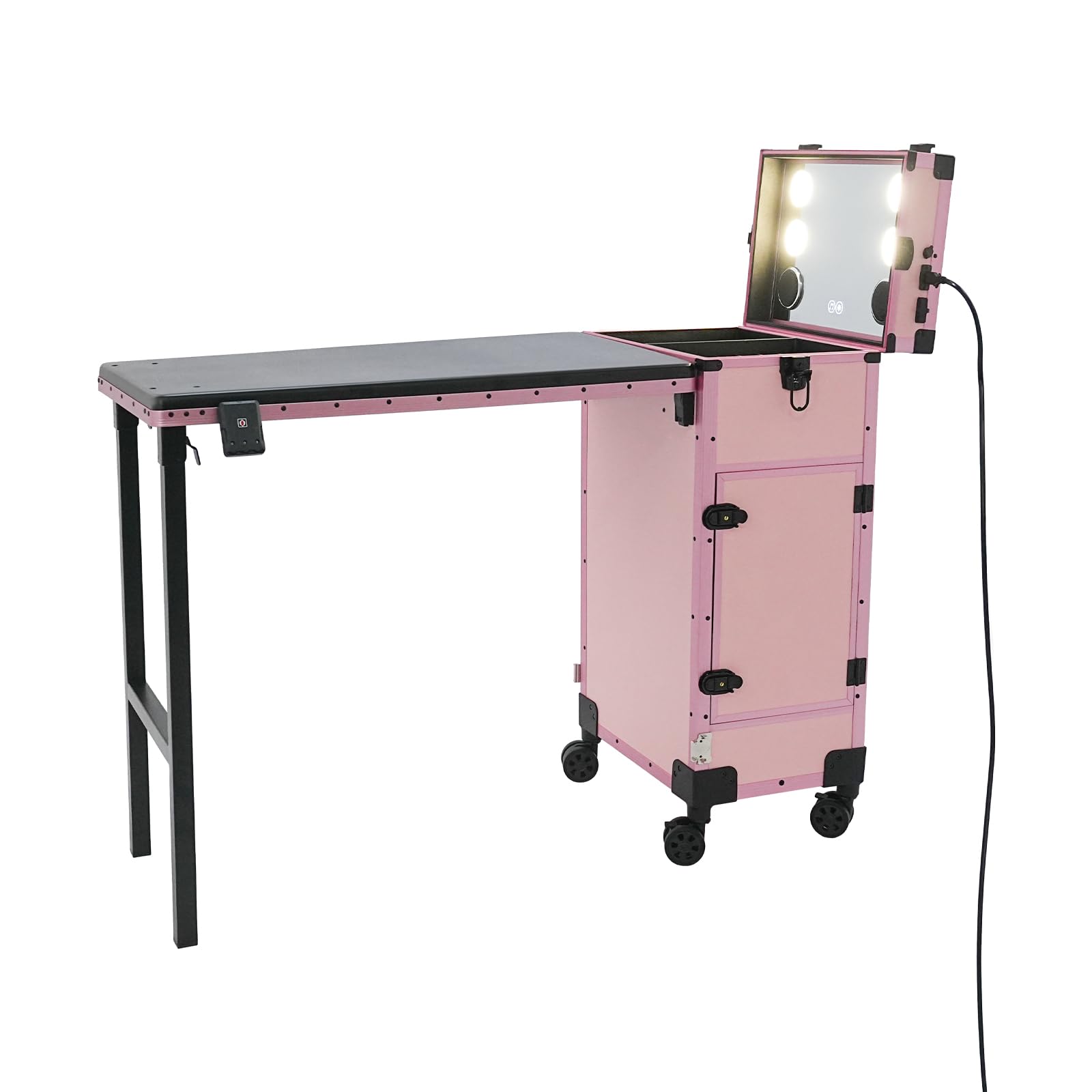 Walizka na kosmetyki na kółkach z 3 szufladami i lustrem LED | Walizka na kosmetyki, nośność 50 kg, Bluetooth, walizka fryzjerska, dla fryzjerów, wizażystów, manicure, toaletki