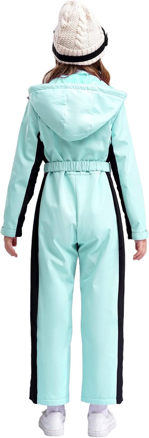 Kids Girls Snow Suit Girls Hooded Waterproof One Piece Ski Suit Winter Snow Sports Jumpsuit with Belt Light Green 8 Years