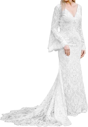 Boho Wedding Dresses for Bride Long Bell Sleeves Backless Lace Mermaid V-Neck Wedding Dress with Train WD125