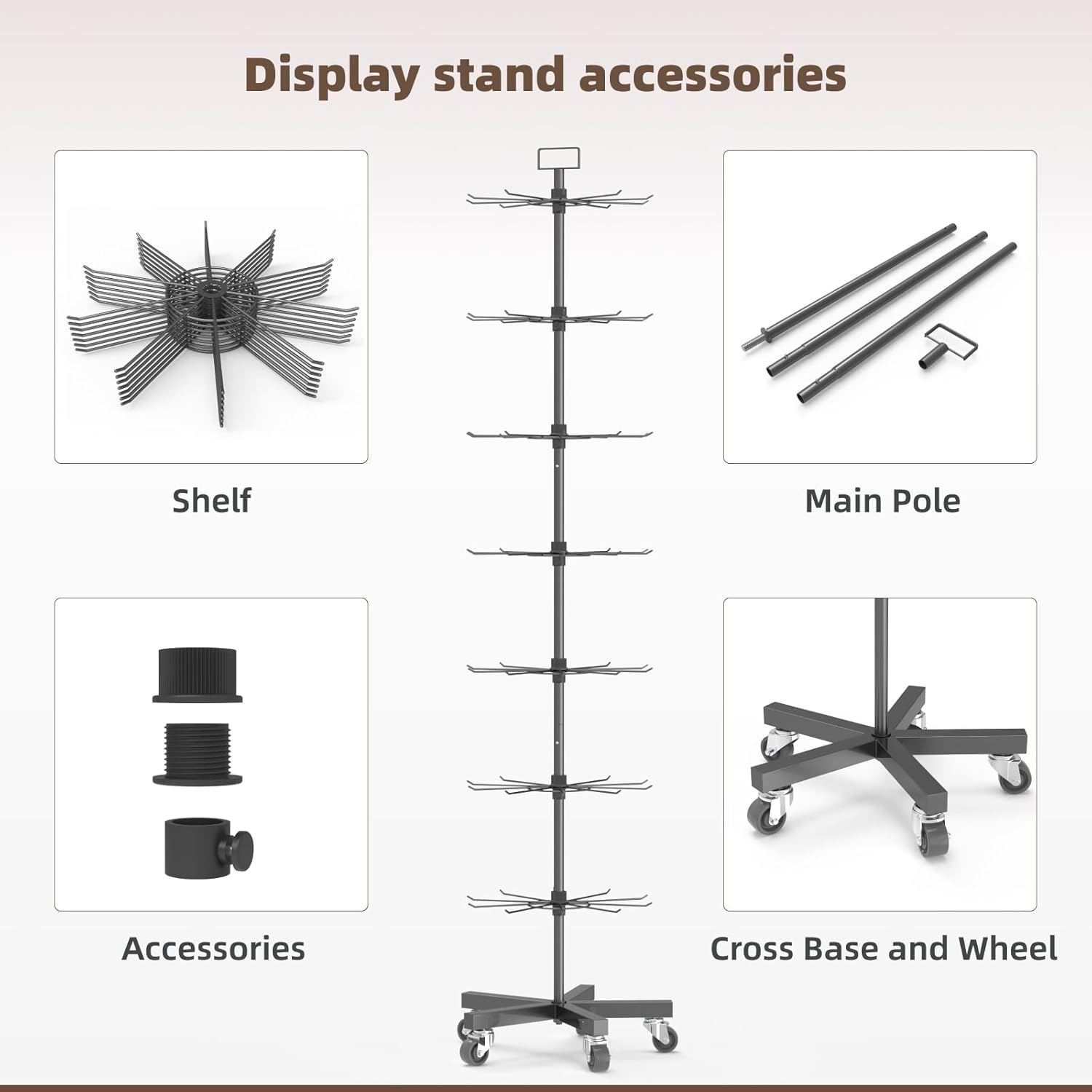 Upgraded Retail Display Stand 7 Tier Spinning Display Stand, Movable Shop Spinner Rack with Hooks, Retail Display Racks for Jewelry Keyring Hats Socks Toys (Black) - Image 4