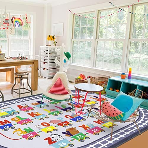 HiiARug Kids Play Rug Oval ABC Alphabet Numbers Educational Rug Train and Road Rug Baby Play Mat Learning & Game Area Rug for Bedroom Playroom Decor (Grey, 3'3" x 5') 2 61qaFULYazL. AC