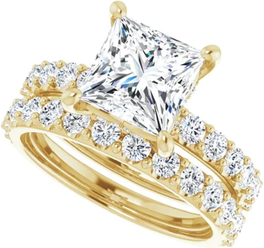 10K Solid Yellow Gold Handmade Engagement Ring 2.00 CT Princess Cut Moissanite Diamond Solitaire Wedding/Bridal Ring Set for Women, Lovely Ring Gift for Wife